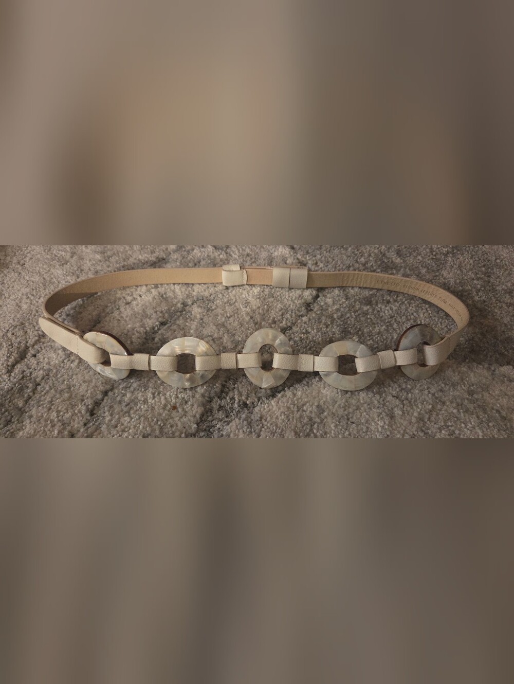 Chico's Adjustable Cream Leather Belt with Faux Mother-of-Pearl Circle Links